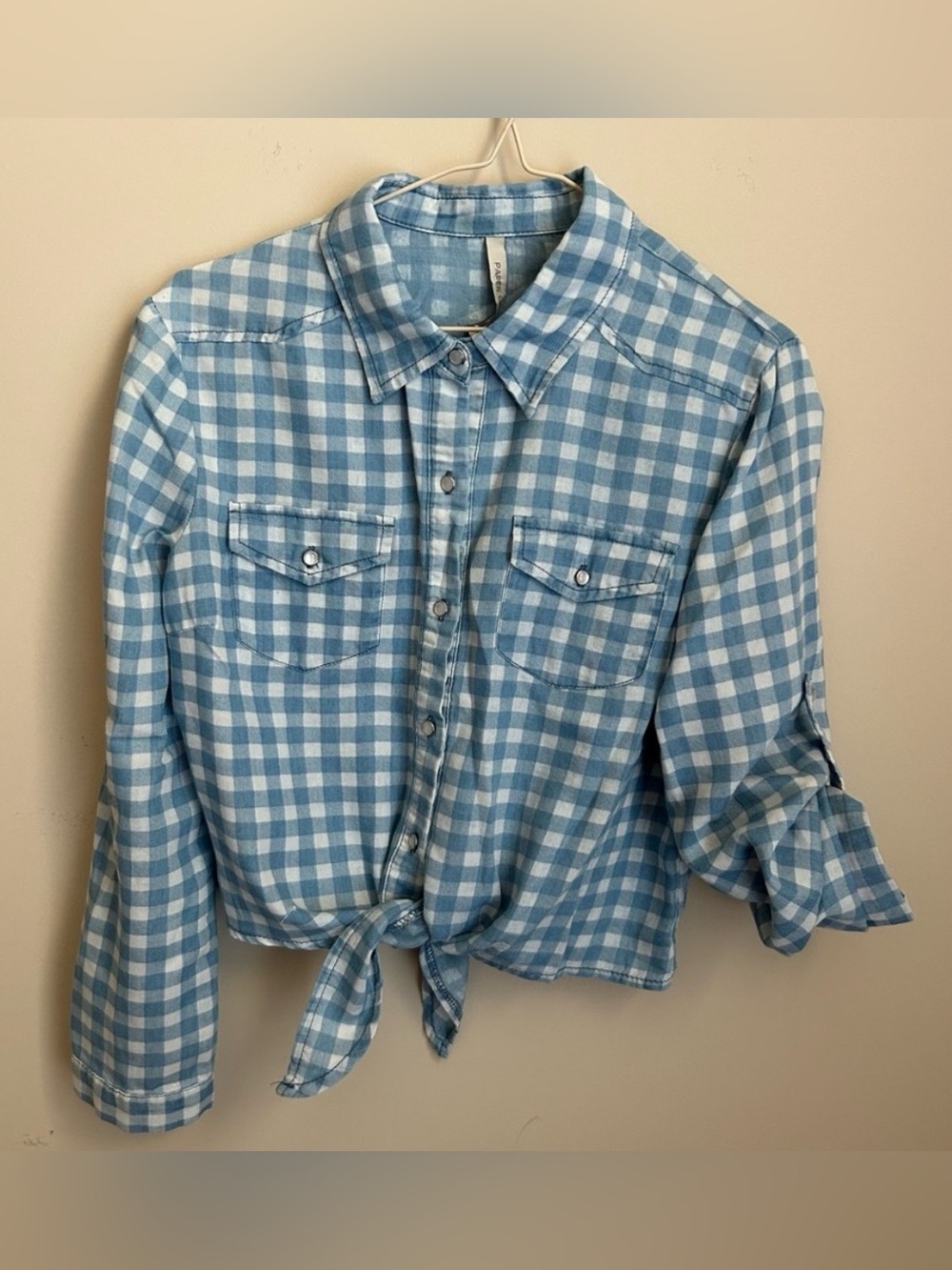 Paper Crane Blue & White Gingham Country Beach Button Down Blouse Shirt Sz L